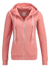 Sudadera con capucha de color rosa claro, con cremallera, hecha de mezcla de algodón. Incluye cordones blancos, bolsillos frontales y puños y dobladillo acanalados.