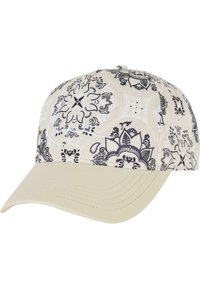 Kremfarget baseballcaps med intrikate svarte blomster mønstre, buet skjerm og broderte detaljer langs sømmene.