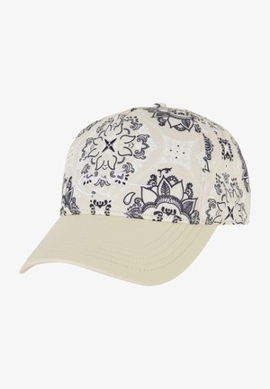 Kremfarget baseballcaps med intrikate svarte blomster mønstre, buet skjerm og broderte detaljer langs sømmene.