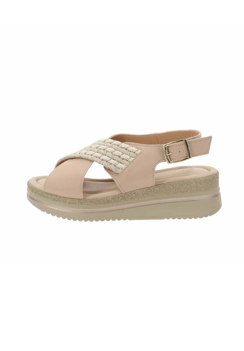Sandali platform beige con dettagli intrecciati sulle cinghie, fibbia regolabile alla caviglia e suola texturizzata. Design open-toe, materiale leggero.