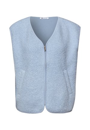 Hellblaue ärmellose Zip-Up-Weste mit strukturierter Stoffqualität und rundem Ausschnitt, mit dem Label "Street One."