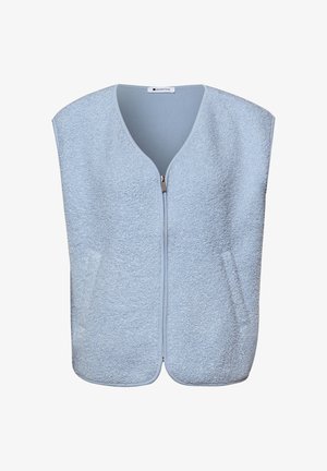 Hellblaue ärmellose Zip-Up-Weste mit strukturierter Stoffqualität und rundem Ausschnitt, mit dem Label "Street One."