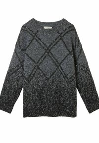 Grauer gestrickter Pullover mit schwarzem Diamantmuster und dezenten glitzernden Fäden, langen Ärmeln und ribbeltem Ausschnitt.