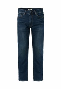 Jeans de mezclilla azul oscuro con un diseño de pierna recta, presentan cinco bolsillos y un cierre de botón en la cintura. Sutil desgaste en la tela.