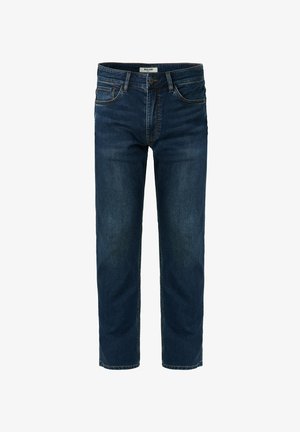 Ciemnoniebieskie dżinsy z prostymi nogawkami, posiadające pięć kieszeni oraz zapięcie na guzik w talii. Subtelne przetarcia na materiale.