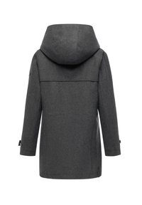 Grå uldfrakke med hætte, der har en ligefrem pasform, lange ærmer og knapdetaljer på ærmerne. Simplet, minimalistisk design.