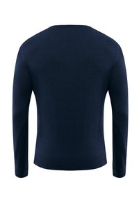 Mörkblå stickad tröja med långa ärmar, rundad hals och ribbad nederkant. Slät textur utan synliga mönster eller dekorationer.