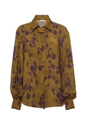 Camicia a maniche lunghe color senape con un motivo floreale viola, dotata di colletto a punta e un fiocco annodato al collo. Tessuto morbido, vestibilità rilassata.