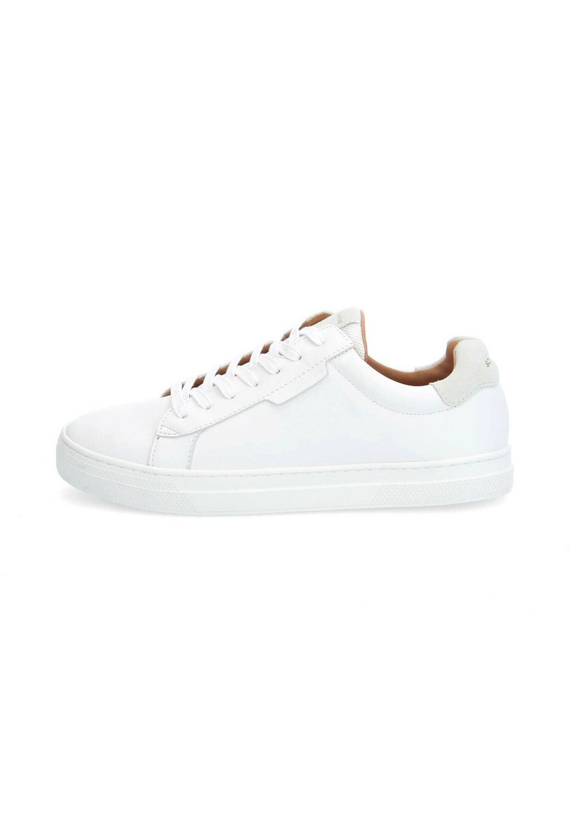 White leather sneaker with a smooth surface, round toe, tonal laces, and a soft grey suede accent on the heel. Rubber sole.
