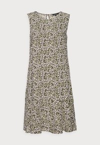 Robe sans manches à motifs floraux en noir, blanc et vert, avec un col rond et une silhouette fluide en A. Détail subtil en forme de trou de serrure au dos.