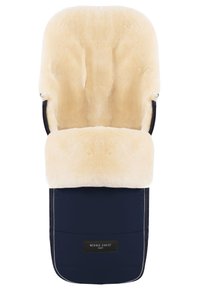 Marine blauwe babyzitkussen met een pluche beige nepbont bovenkant. Heeft een ergonomische vorm en ritsen aan de zijkanten voor eenvoudige bevestiging.