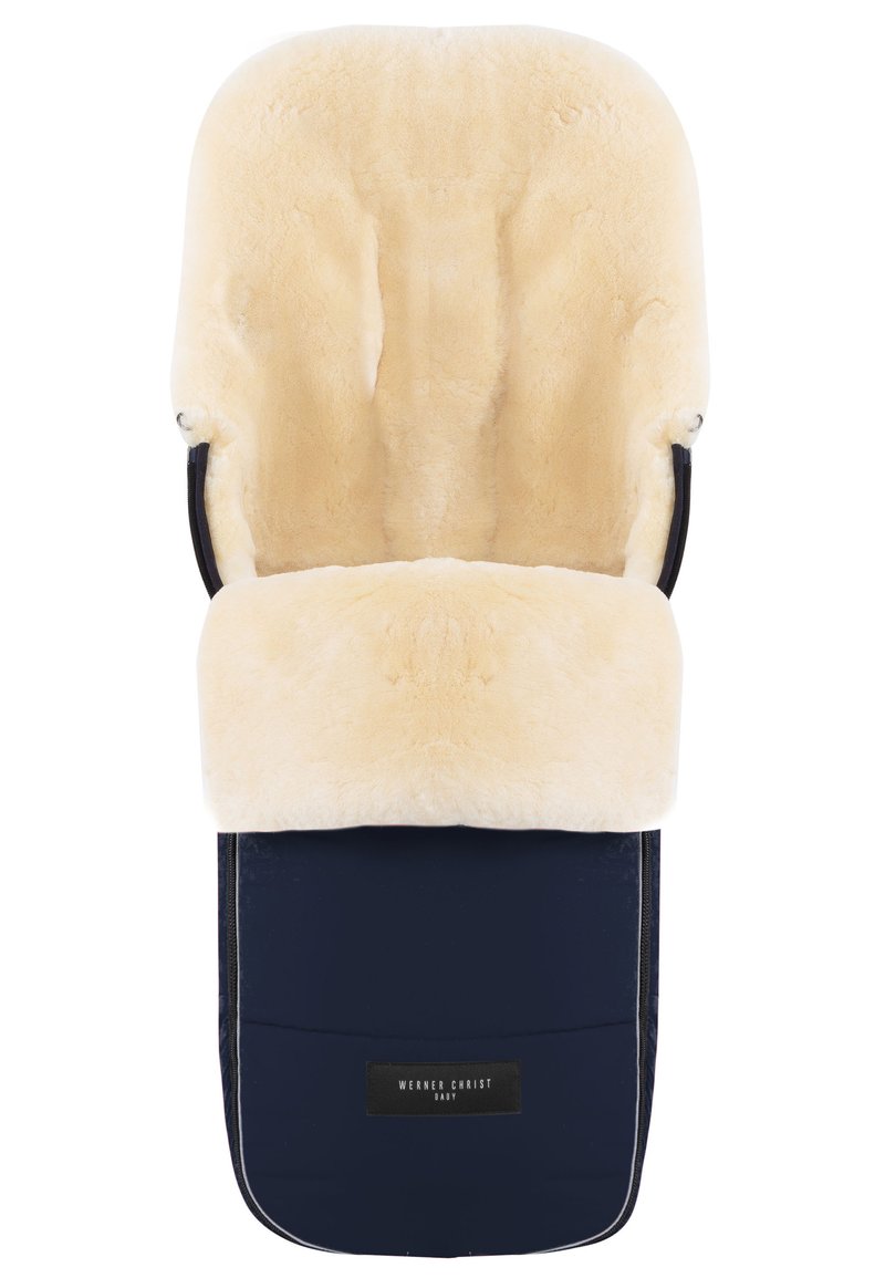 Marine blauwe babyzitkussen met een pluche beige nepbont bovenkant. Heeft een ergonomische vorm en ritsen aan de zijkanten voor eenvoudige bevestiging.