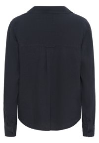 Dark blue long-sleeve shirt with a collar, back pleat, and buttoned cuffs; made of lightweight, textured fabric.