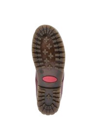 Rubberen zool met een netjes patroon, voorzien van diepe groeven en een centraal rode schijf. Zwart en bruin kleurpalet. Duurzaam ontwerp voor grip.