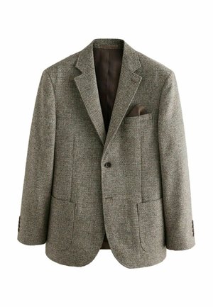 Tweed-Blazer in Grau- und Brauntönen, mit einem Reverskragen, zwei aufgesetzten Taschen vorne und einer Brusttasche mit dekorativem Einstecktuch.