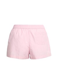 Shorts rose clair en tissu léger avec une ceinture élastique et une poche arrière unique. Présentent des rayures verticales subtiles.