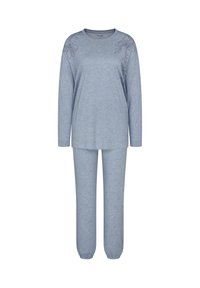 Ljusblått loungewear-set i mjukt tyg; långärmad topp med blommönster broderat på ena axeln, tillsammans med byxor med elastiskt ankeldrag.