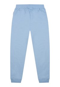 Lichtblauwe joggingbroek van zacht materiaal, met een elastische tailleband en boorden, een gladde textuur en een minimalistisch ontwerp.