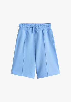 Shorts décontractés bleu clair avec taille élastique, cordon de serrage, poches latérales et coutures verticales sur les panneaux avant.