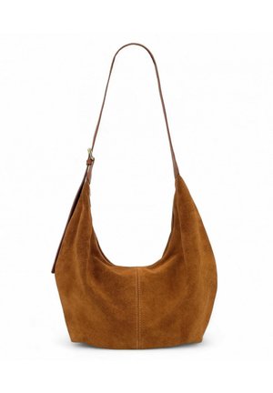 Sac à épaule en suede marron avec une seule sangle en cuir, de forme arrondie et texture lisse ; présente des coutures minimales pour un look épuré.