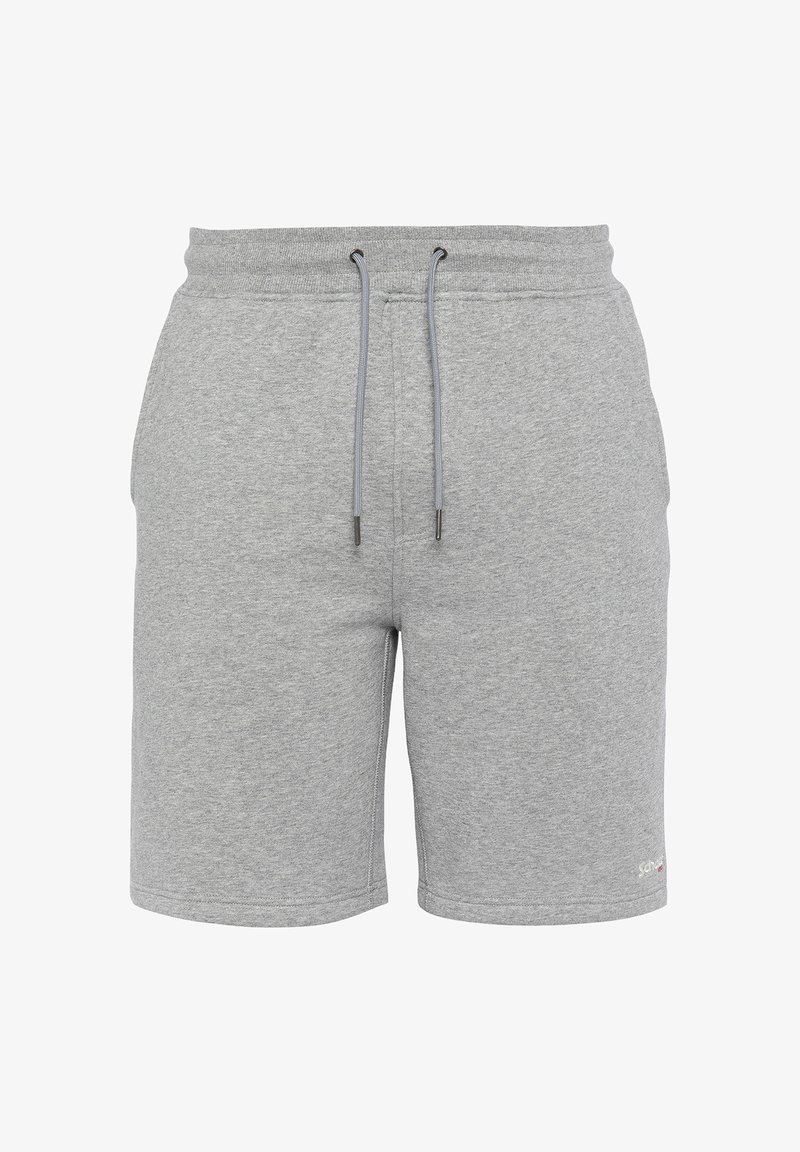 Shorts en coton gris avec une taille élastique et un cordon de serrage réglable. Dotés de poches latérales et d'une coupe droite. Design simple.