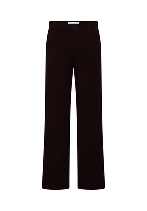 Schwarze Hosen mit weitem Bein und hohem Bund, ohne sichtbare Taschen oder Knöpfe, vor weißem Hintergrund gezeigt.