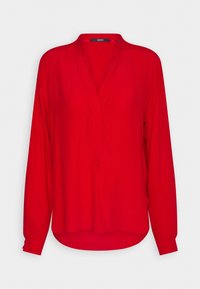 Rote langärmlige Bluse mit V-Ausschnitt, aus leichtem Stoff gefertigt. Hat einen lockeren Schnitt und einen geraden Saum mit seitlichen Schlitz. Logo am Ausschnitt.