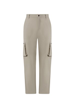 Pantalones cargo beige con un corte relajado, que cuentan con dos bolsillos laterales y dos bolsillos con solapa en los muslos, confeccionados en tejido ligero.