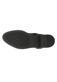 Suola di scarpa nera in gomma con una superficie testurizzata che presenta motivi geometrici. Include un tacco piatto e liscio e un design della punta arrotondata.