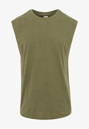 Ærmeløs olivengrøn t-shirt lavet af blød bomuld, med en rund halsudskæring og en løs, afslappet pasform med en glat, ensartet tekstur.