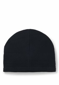 Black knit beanie hat with a rounded top and textured fabric. Features subtle horizontal ribbed accents near the bottom edge.