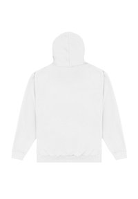 Biała bluza z kapturem, z kieszenią kangurką, ściągaczami przy mankietach i u dołu, o gładkiej fakturze oraz ze sznurkiem do regulacji kaptura. Prosty design, bez wzorów.