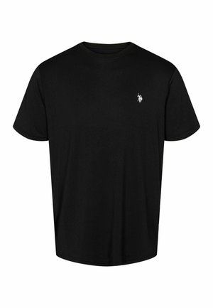 Svart bomulls t-skjorte med korte ermer, rund hals og en subtil hvit logo på venstre brystområde. Glatt tekstur, klassisk passform.