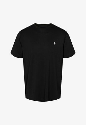 Zwarte katoenen t-shirt met korte mouwen, ronde halslijn en een subtiel wit logo op de linkerborst. Soepele textuur, klassieke pasvorm.