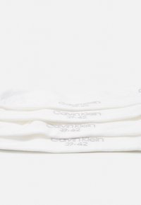 Hvit bomullssokker stablet, med ribbestruktur. Hver sokk har "Calvin Klein" og størrelse 39-42 trykt i grått.