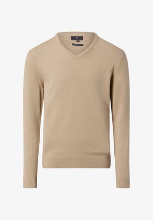 Beiger V-Ausschnitt-Pullover aus Bio-Baumwolle. Verfügt über lange Ärmel, gerippte Bündchen und Saum, glatte Textur und minimalistisches Design.