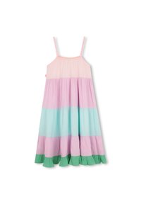 Αμάνικό φόρεμα με σούρες στο μπούστο, με οριζόντιες ρίγες σε ροζ, λεβαντί και μέντα, τελειωμένο με πράσινο βολάν στο τελείωμα.