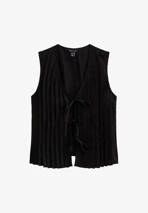 Haut sans manches noir avec plis verticaux, décolleté en V profond et fermeture par nœud sur le devant. Fabriqué à partir d'un tissu doux avec une texture lisse.