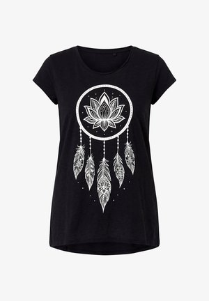 Sort T-shirt med korte ærmer og hvidt drømmefangerdesign med en lotusblomst og fem detaljerede hængende fjer.