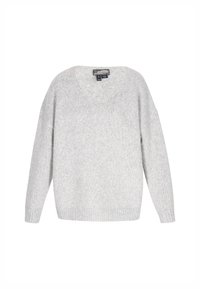 Helles graues Strickpullover mit weitem V-Ausschnitt und überschnittenen Schultern. Verfügt über gerippte Bündchen und Saum sowie eine weiche, strukturierte Oberfläche.