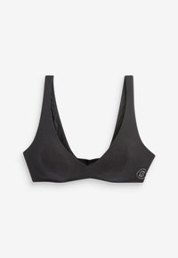 Čierny rebrovaný bralet s širokými ramienkami a hlbokým V-výstrihom. Obsahuje malú logo detail na ľavej strane. Hladká textúra po celom povrchu.