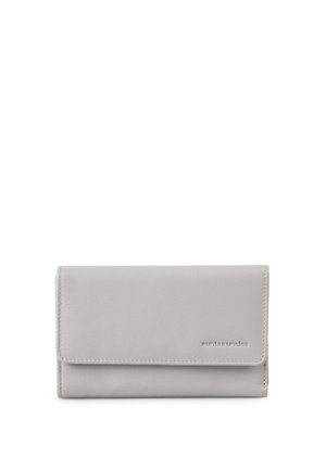 Lichtgrijs leren portemonnee met klepsluiting, zichtbare stiksels en subtiel geperste merknaam "aunts & uncles" rechtsonder op de voorkant.