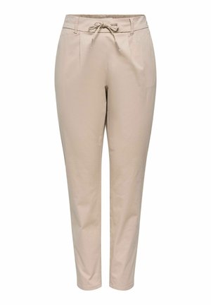Pantalon beige fuselé avec taille élastique et cordon de serrage, plis devant et poches latérales, présenté sur fond blanc.