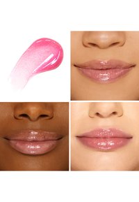 Schitterende roze lipgloss swatch, vergezeld van drie paar lippen die verschillende tinten en glans afwerkingen tonen op verschillende huidtinten.