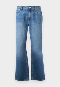 Blå denim flared jeans med høy midje, med fem lommer, metallspenne og subtile slitasjer ved hoftene.