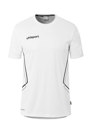 Weißes Sportshirt mit kurzen Ärmeln, schwarzem "uhlsport"-Logo auf der Brust und schwarzen geometrischen Seitenlinien vorne.