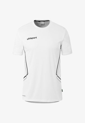 Weißes Sportshirt mit kurzen Ärmeln, schwarzem "uhlsport"-Logo auf der Brust und schwarzen geometrischen Seitenlinien vorne.