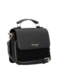 Black handbag with a structured shape featuring a leather upper and textured black fabric panel. Gold hardware accents and detachable strap.