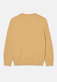 Πλεκτό πουλόβερ, ομοιόμορφο ανοιχτό κίτρινο χρώμα, στρογγυλή λαιμόκοψη, μακριά μανίκια, ραβδωτές μανσέτες και τελείωμα, μαλακή υφή, ελάχιστες λεπτομέρειες ραψίματος, σχεδιασμένο για καθημερινή χρήση.