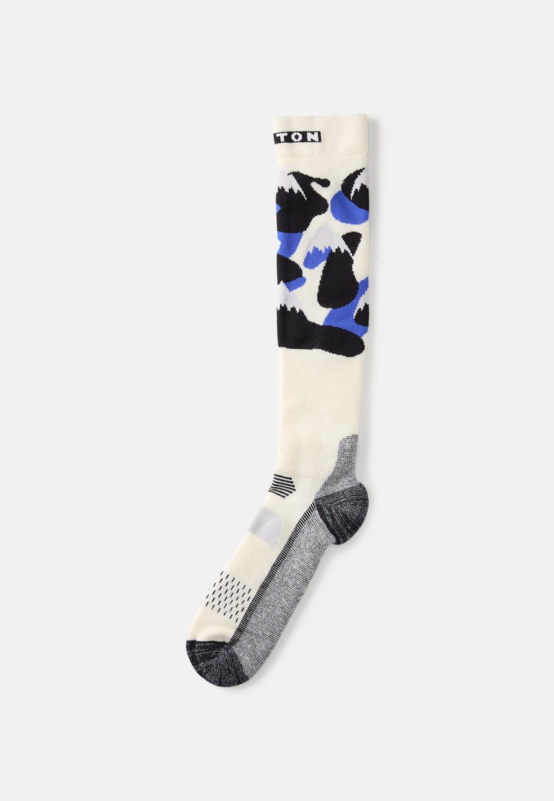 Knee-high ponožky s krémovým základom a výraznými čiernymi a modrými abstraktnými vzormi, textúrovanou pätou a špičkou, so pruhovanými akcentmi.